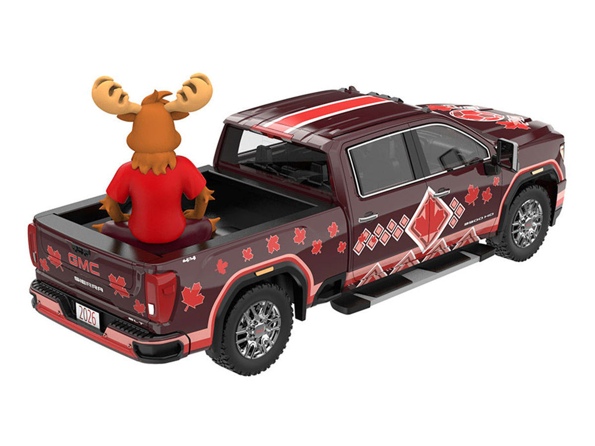2022 GMC Sierra 3500 HD Pickup Truck Dark Red with Canadian Soccer Graphics with Moose Figure 'International Soccer Celebration '26' Series 1/64 Diecast Model Car by Greenlight