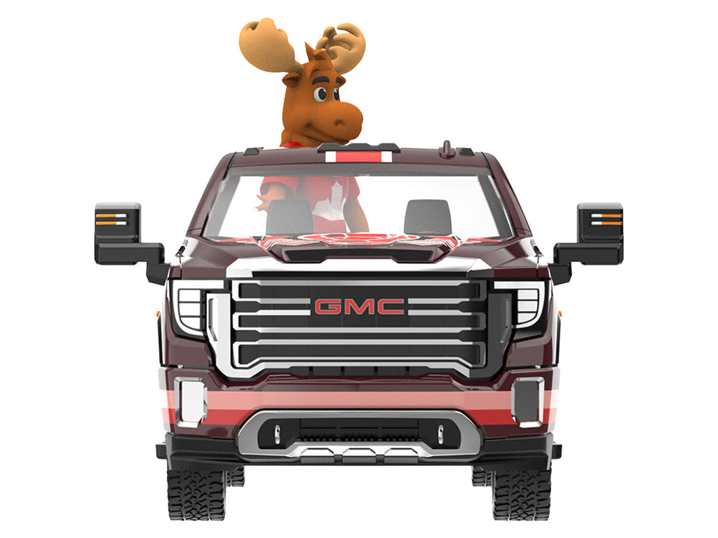 2022 GMC Sierra 3500 HD Pickup Truck Dark Red with Canadian Soccer Graphics with Moose Figure 'International Soccer Celebration '26' Series 1/64 Diecast Model Car by Greenlight