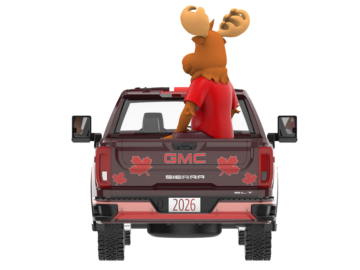 2022 GMC Sierra 3500 HD Pickup Truck Dark Red with Canadian Soccer Graphics with Moose Figure 'International Soccer Celebration '26' Series 1/64 Diecast Model Car by Greenlight