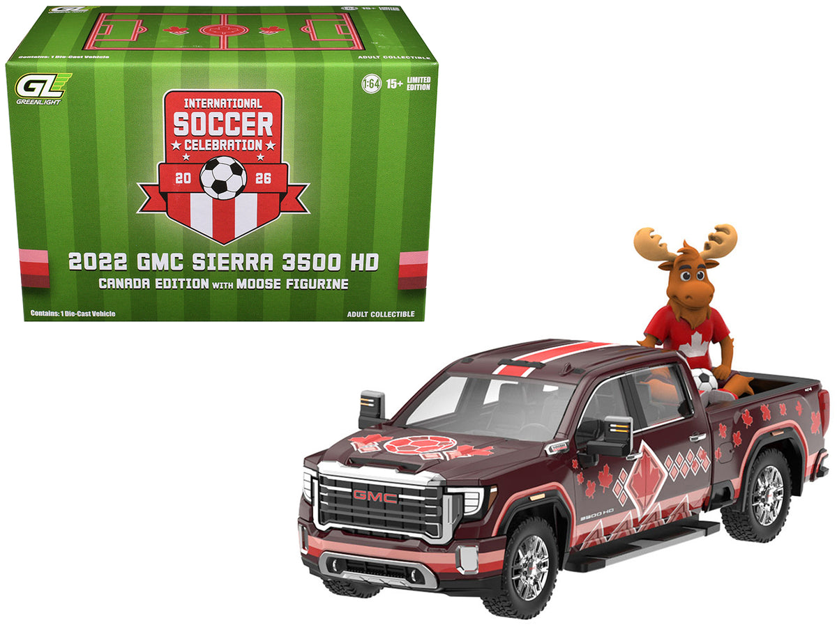 2022 GMC Sierra 3500 HD Pickup Truck Dark Red with Canadian Soccer Graphics with Moose Figure 'International Soccer Celebration '26' Series 1/64 Diecast Model Car by Greenlight