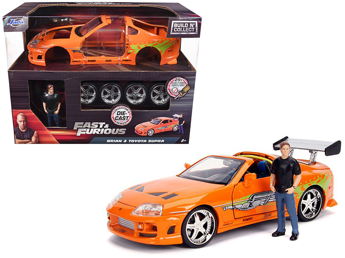 Model Kit Toyota Supra Metallic Orange with Brian Diecast Figure 'Fast & Furious' Movie 'Build N' Collect' 1/24 Diecast Model Car by Jada