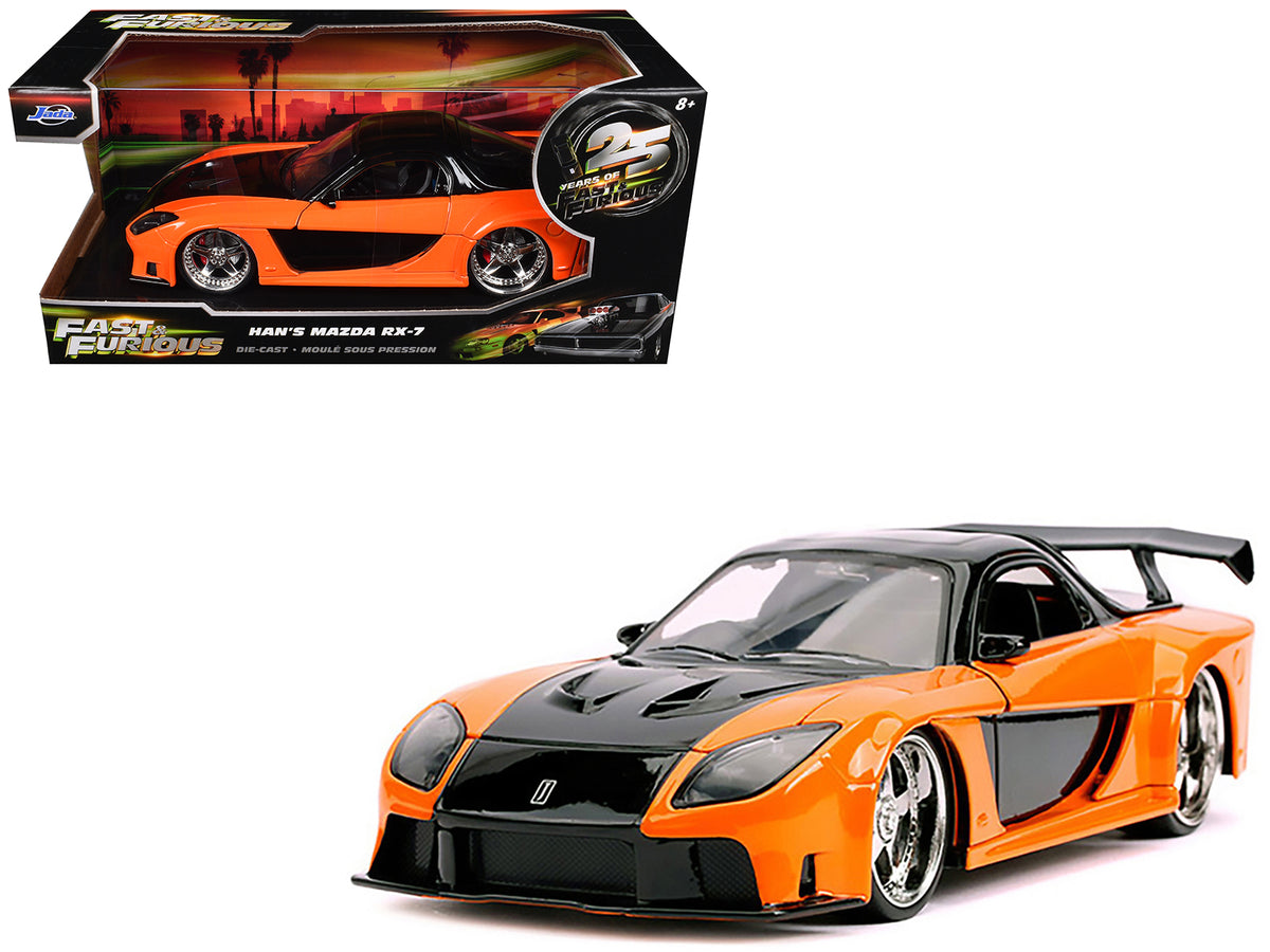 Han's Mazda RX-7 RHD (Right Hand Drive) Orange and Black 'The Fast and the Furious: Tokyo Drift' (2006) Movie '25 Years of Fast & Furious' Series 1/24 Diecast Model Car by Jada