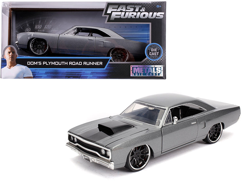 Dom's Plymouth Road Runner Gray Metallic with Black Hood Stripe 'Fast & Furious' Movie 1/24 Diecast Model Car by Jada