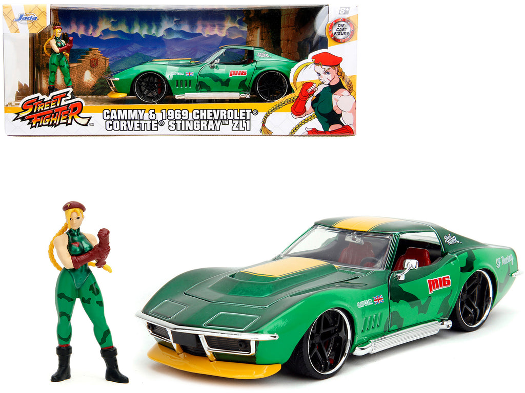 1969 Chevrolet Corvette Stingray ZL1 Green Metallic with Yellow Stripes and Cammy Diecast Figure 'Street Fighter' Video Game 'Anime Hollywood Rides' Series 1/24 Diecast Model Car by Jada