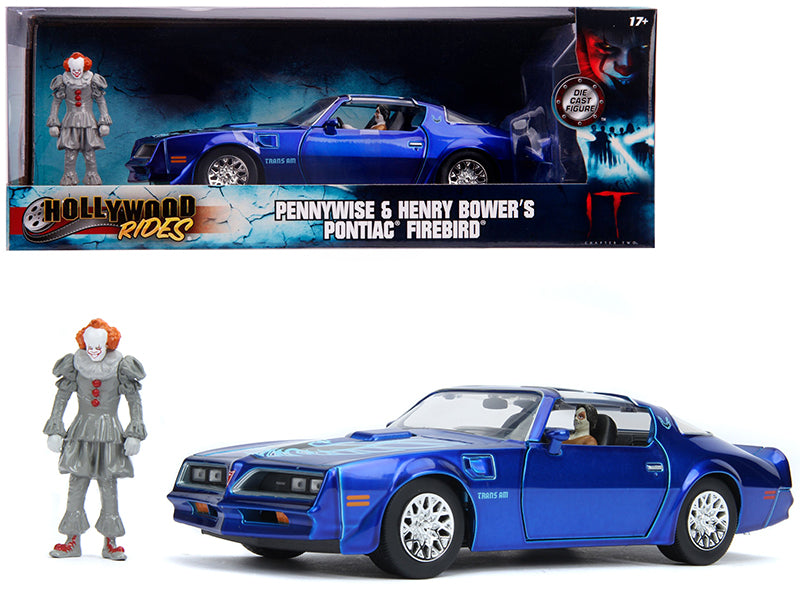 Henry Bower's Pontiac Firebird Trans Am Candy Blue with Pennywise Diecast Figurine 'It Chapter Two' (2019) Movie 1/24 Diecast Model Car by Jada