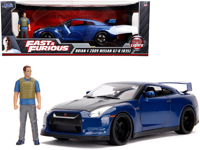 2009 Nissan GT-R (R35) Blue Metallic and Carbon with Lights and Brian Figurine 'Fast & Furious' Movie 1/18 Diecast Model Car by Jada