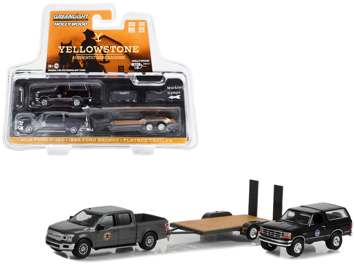 2018 Ford F-150 Pickup Truck Gray with 1992 Ford Bronco 'Montana Livestock Association' Black and Flatbed Car Trailer 'Yellowstone' (2018-Current) TV Series 'Hollywood Hitch & Tow' Series 11 1/64 Diecast Model Cars by Greenlight