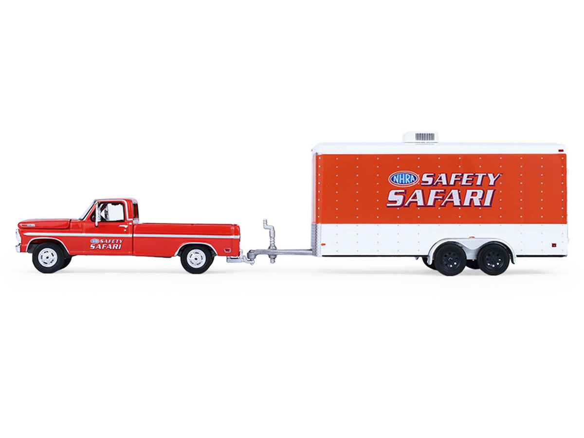 1969 Ford F-250 Pickup Truck Red and 1969 Chevrolet Camaro Z28 'Dan Fletcher' Orange with White Hood 'NHRA Safety Team' with Enclosed Car Trailer 'Racing Hitch & Tow' Series 6 1/64 Diecast Model Cars by Greenlight