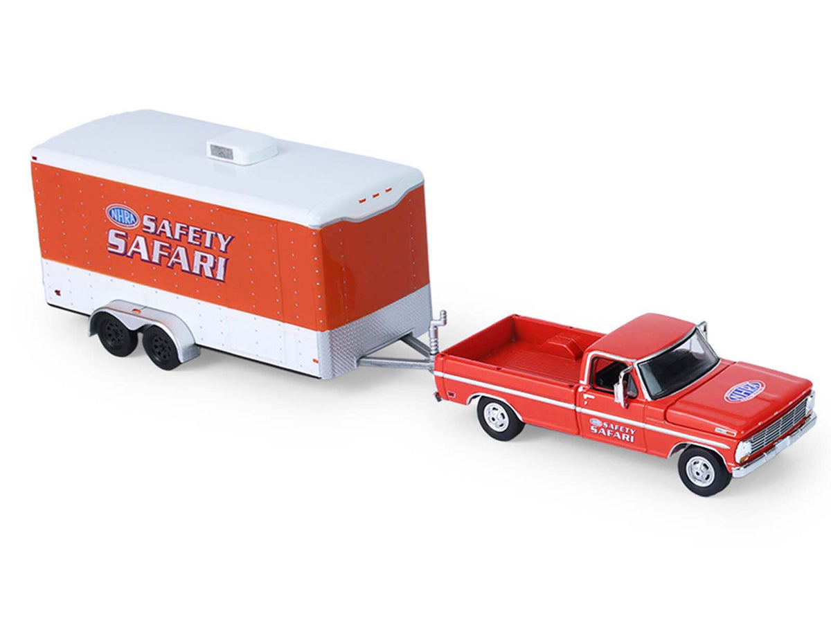 1969 Ford F-250 Pickup Truck Red and 1969 Chevrolet Camaro Z28 'Dan Fletcher' Orange with White Hood 'NHRA Safety Team' with Enclosed Car Trailer 'Racing Hitch & Tow' Series 6 1/64 Diecast Model Cars by Greenlight