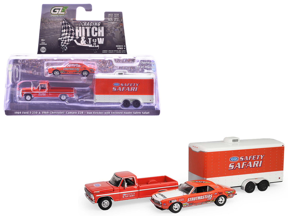 1969 Ford F-250 Pickup Truck Red and 1969 Chevrolet Camaro Z28 'Dan Fletcher' Orange with White Hood 'NHRA Safety Team' with Enclosed Car Trailer 'Racing Hitch & Tow' Series 6 1/64 Diecast Model Cars by Greenlight