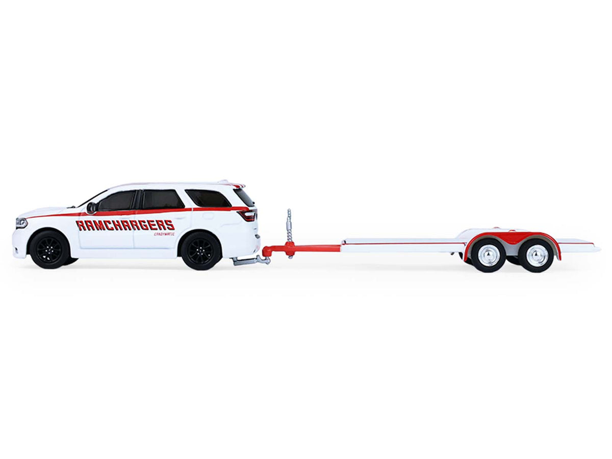 2018 Dodge Durango White with Red Stripes and 2021 Dodge Challenger SRT White with Red Stripes 'Ramchargers' with Flatbed Trailer 'Racing Hitch & Tow' Series 6 1/64 Diecast Model Cars by Greenlight