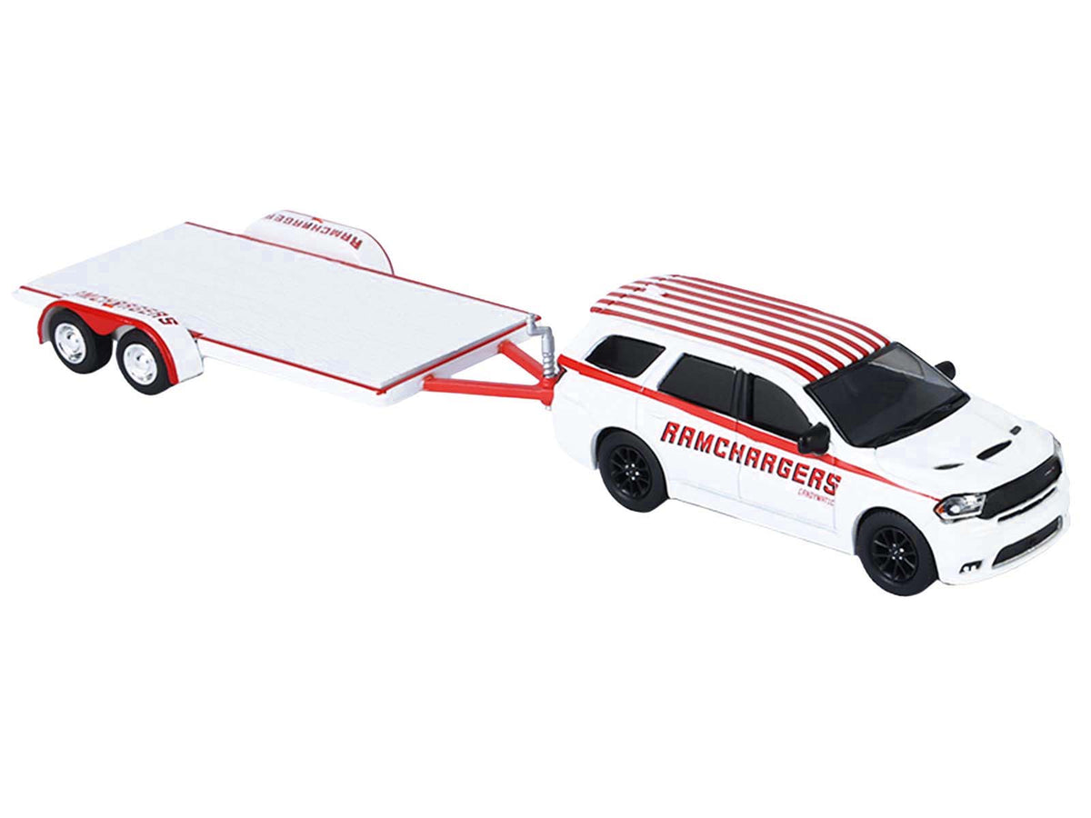 2018 Dodge Durango White with Red Stripes and 2021 Dodge Challenger SRT White with Red Stripes 'Ramchargers' with Flatbed Trailer 'Racing Hitch & Tow' Series 6 1/64 Diecast Model Cars by Greenlight