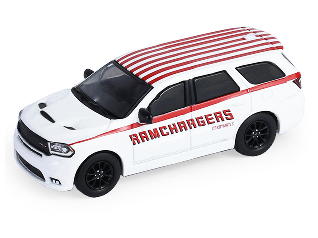 2018 Dodge Durango White with Red Stripes and 2021 Dodge Challenger SRT White with Red Stripes 'Ramchargers' with Flatbed Trailer 'Racing Hitch & Tow' Series 6 1/64 Diecast Model Cars by Greenlight