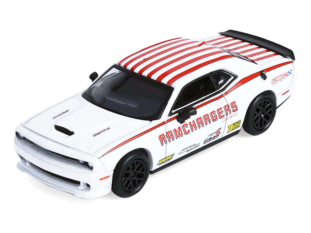 2018 Dodge Durango White with Red Stripes and 2021 Dodge Challenger SRT White with Red Stripes 'Ramchargers' with Flatbed Trailer 'Racing Hitch & Tow' Series 6 1/64 Diecast Model Cars by Greenlight