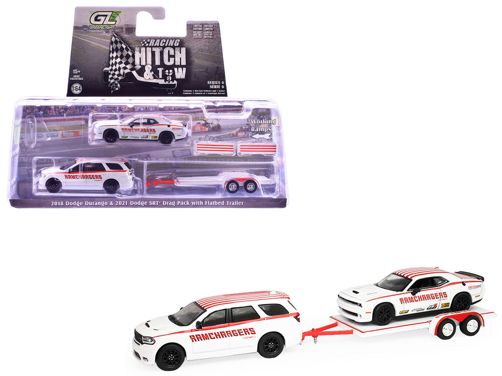 2018 Dodge Durango White with Red Stripes and 2021 Dodge Challenger SRT White with Red Stripes 'Ramchargers' with Flatbed Trailer 'Racing Hitch & Tow' Series 6 1/64 Diecast Model Cars by Greenlight