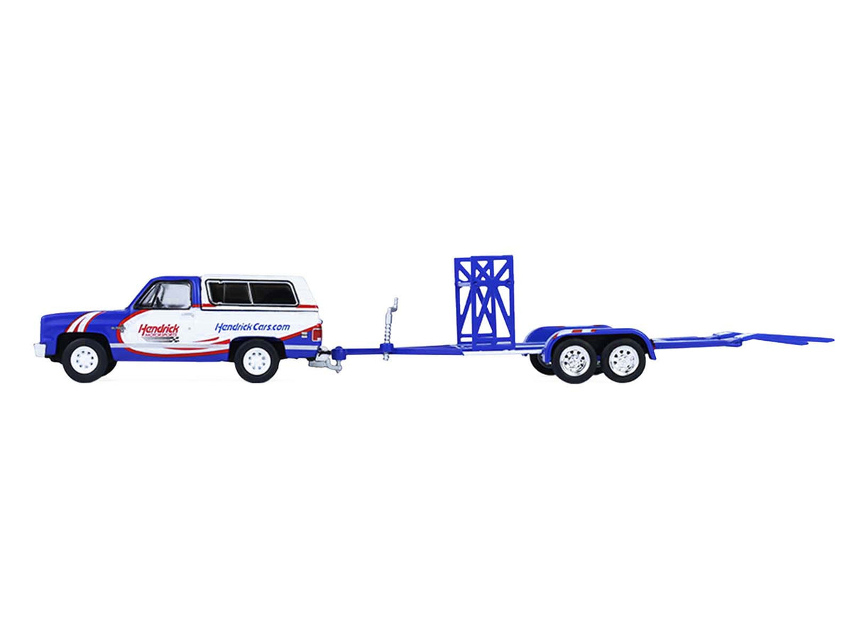 1986 Chevrolet K5 Blazer Blue and White and 1969 Chevrolet Camaro #5 Blue and White 'Kyle Larson - Hendrick Motorsports' with Tandem Car Trailer 'Racing Hitch & Tow' Series 6 1/64 Diecast Model Cars by Greenlight