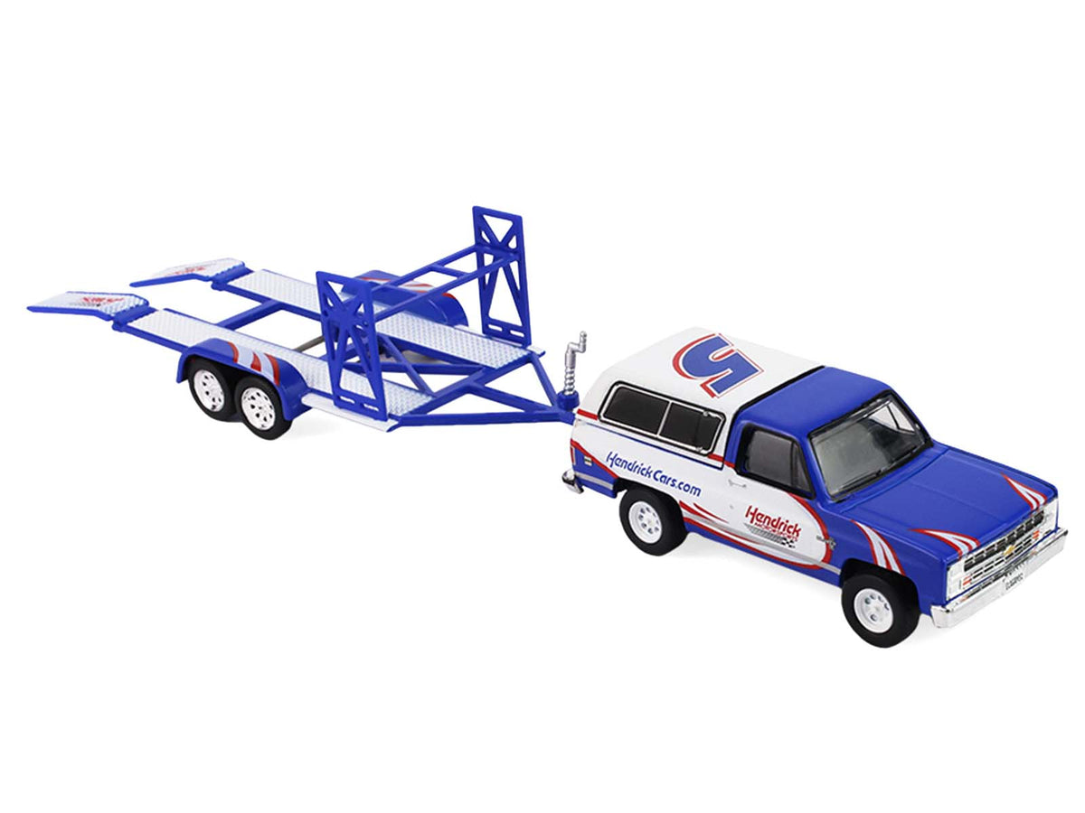 1986 Chevrolet K5 Blazer Blue and White and 1969 Chevrolet Camaro #5 Blue and White 'Kyle Larson - Hendrick Motorsports' with Tandem Car Trailer 'Racing Hitch & Tow' Series 6 1/64 Diecast Model Cars by Greenlight