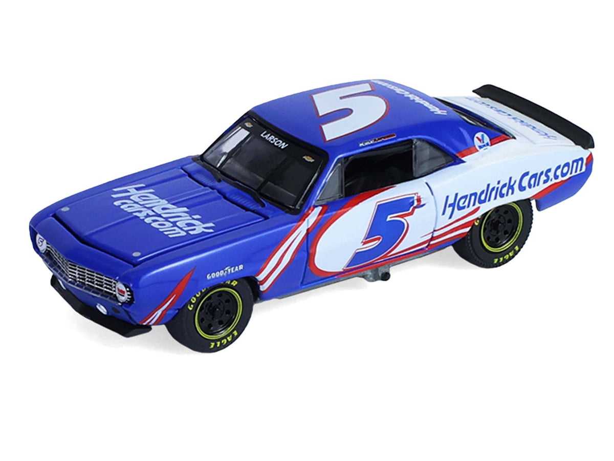 1986 Chevrolet K5 Blazer Blue and White and 1969 Chevrolet Camaro #5 Blue and White 'Kyle Larson - Hendrick Motorsports' with Tandem Car Trailer 'Racing Hitch & Tow' Series 6 1/64 Diecast Model Cars by Greenlight