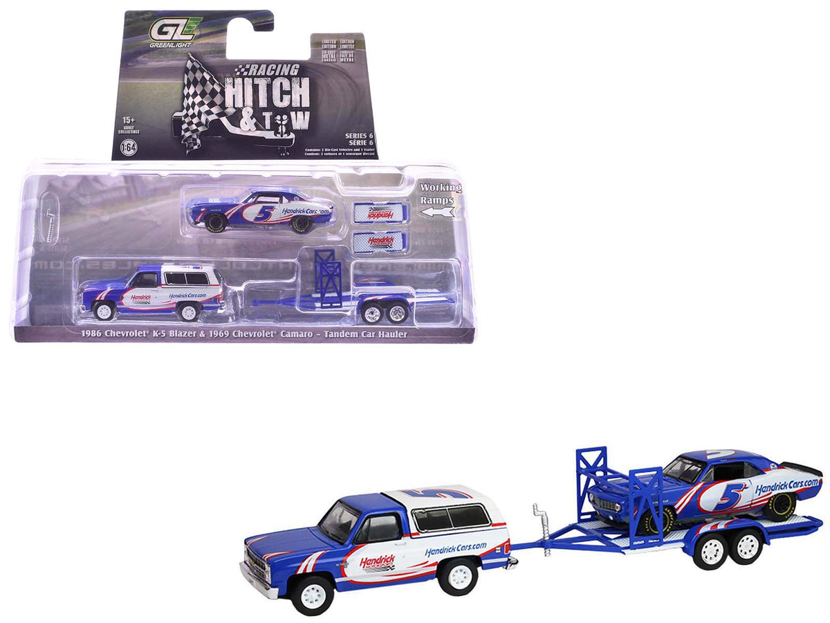 1986 Chevrolet K5 Blazer Blue and White and 1969 Chevrolet Camaro #5 Blue and White 'Kyle Larson - Hendrick Motorsports' with Tandem Car Trailer 'Racing Hitch & Tow' Series 6 1/64 Diecast Model Cars by Greenlight