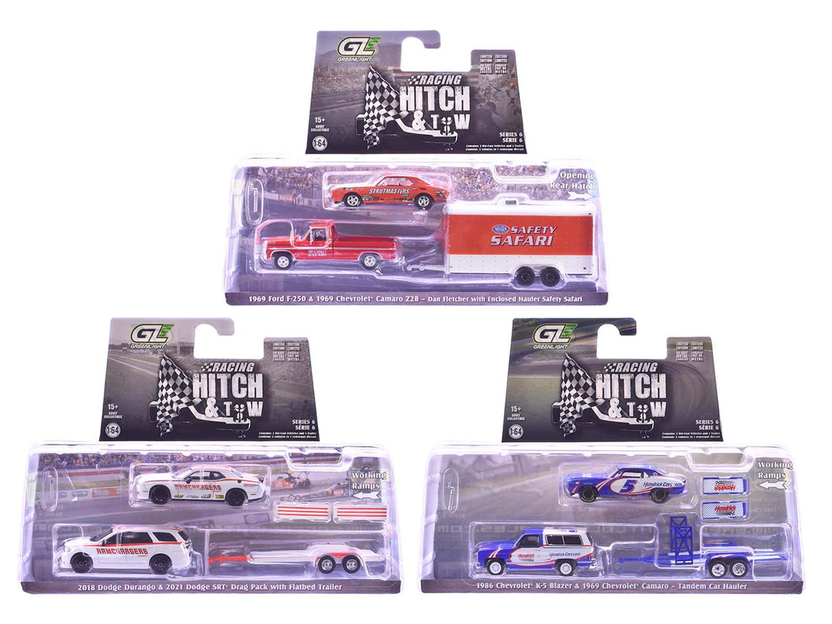 'Racing Hitch & Tow' Series #6 Set of 3 pieces 1/64 Diecast Model Cars by Greenlight
