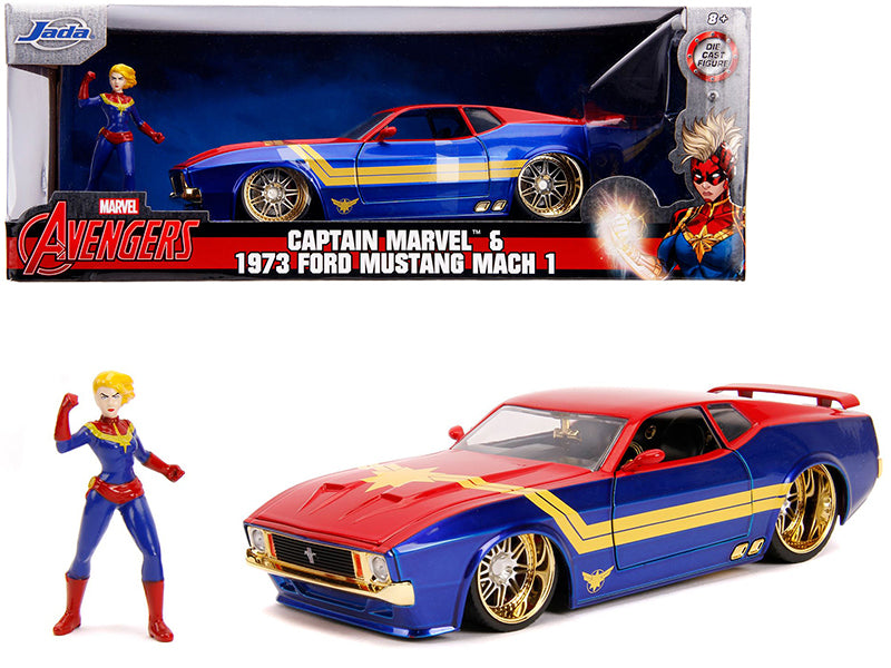 1973 Ford Mustang Mach 1 with Captain Marvel Diecast Figurine 'Avengers' 'Marvel' Series 1/24 Diecast Model Car by Jada