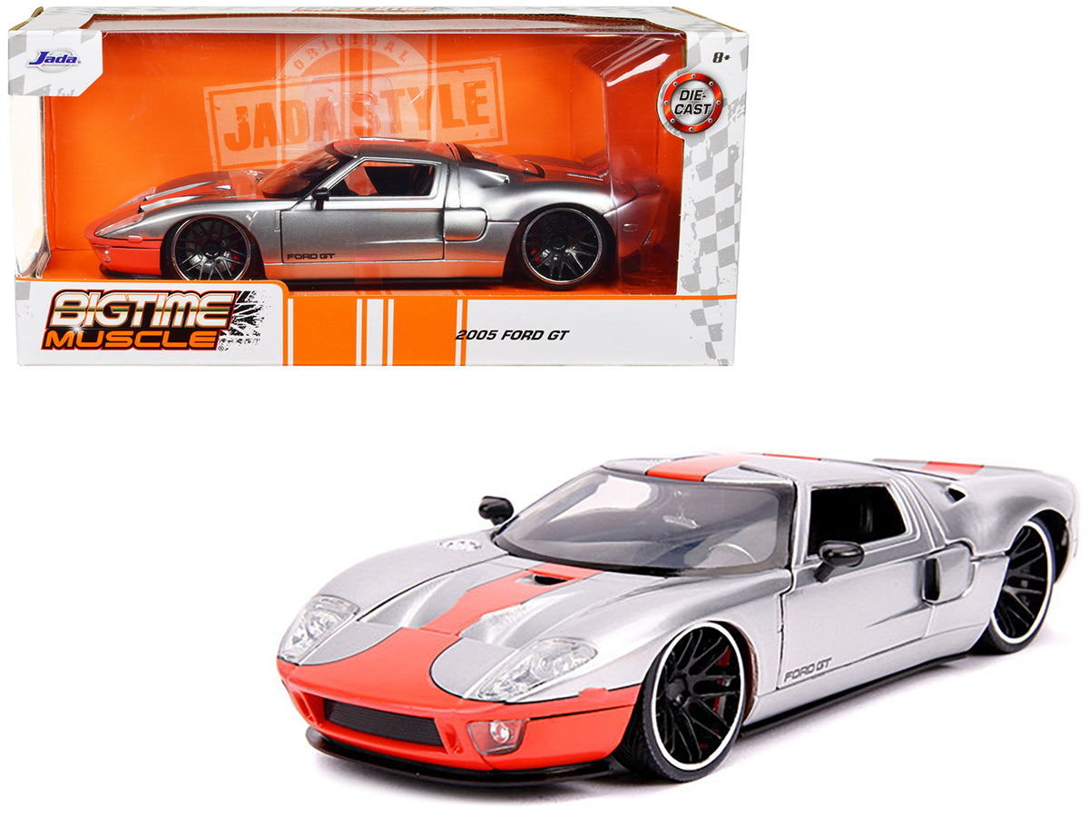 2005 Ford GT Silver with Orange Stripe 'Bigtime Muscle' 1/24 Diecast Model Car by Jada