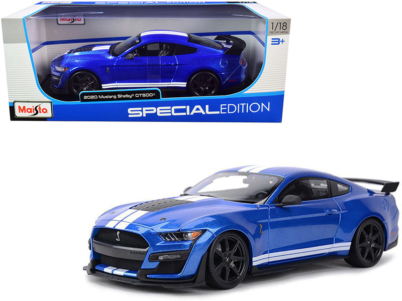 2020 Ford Mustang Shelby GT500 Blue Metallic with White Stripes 'Special Edition' 1/18 Diecast Model Car by Maisto
