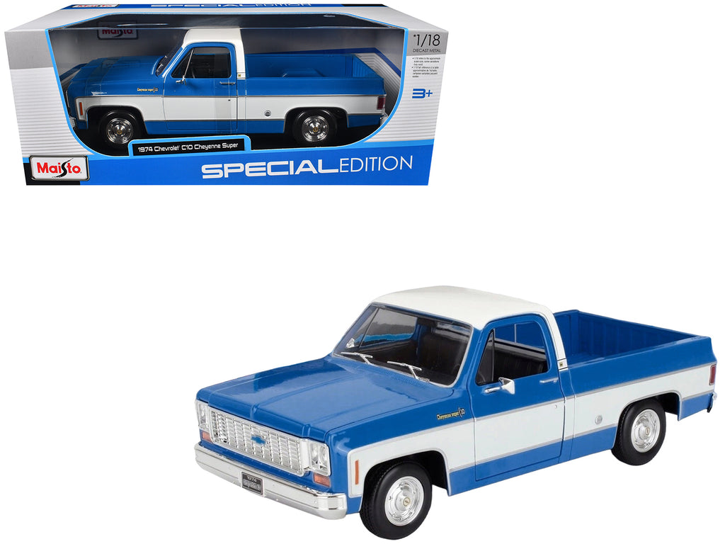 1974 Chevrolet C10 Cheyenne Super Pickup Truck Blue and White 'Special Edition' Series 1/18 Diecast Model Car by Maisto