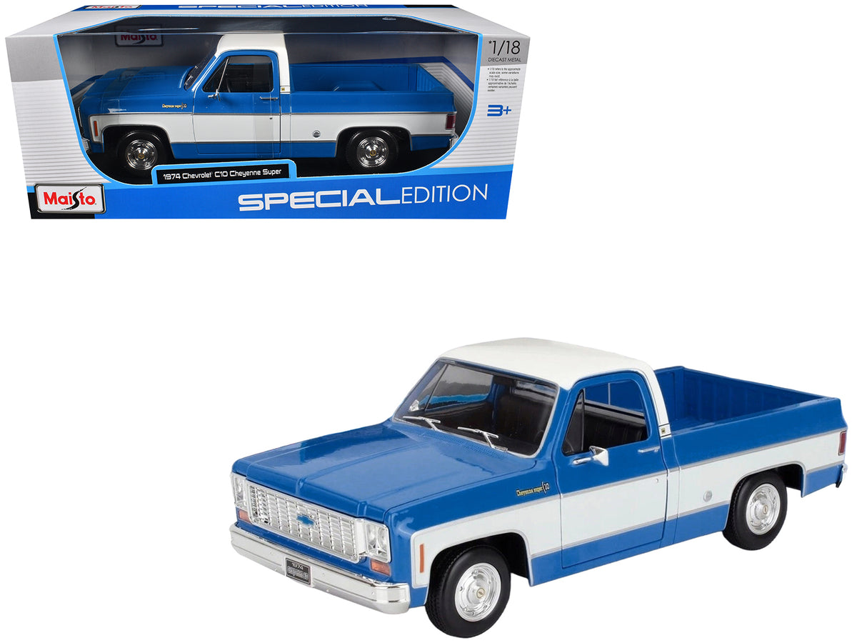 1974 Chevrolet C10 Cheyenne Super Pickup Truck Blue and White 'Special Edition' Series 1/18 Diecast Model Car by Maisto