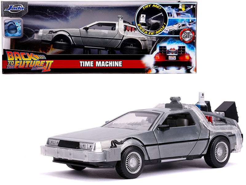 DeLorean Brushed Metal Time Machine with Lights (Flying Version) 'Back to the Future Part II' (1989) Movie 'Hollywood Rides' Series 1/24 Diecast Model Car by Jada