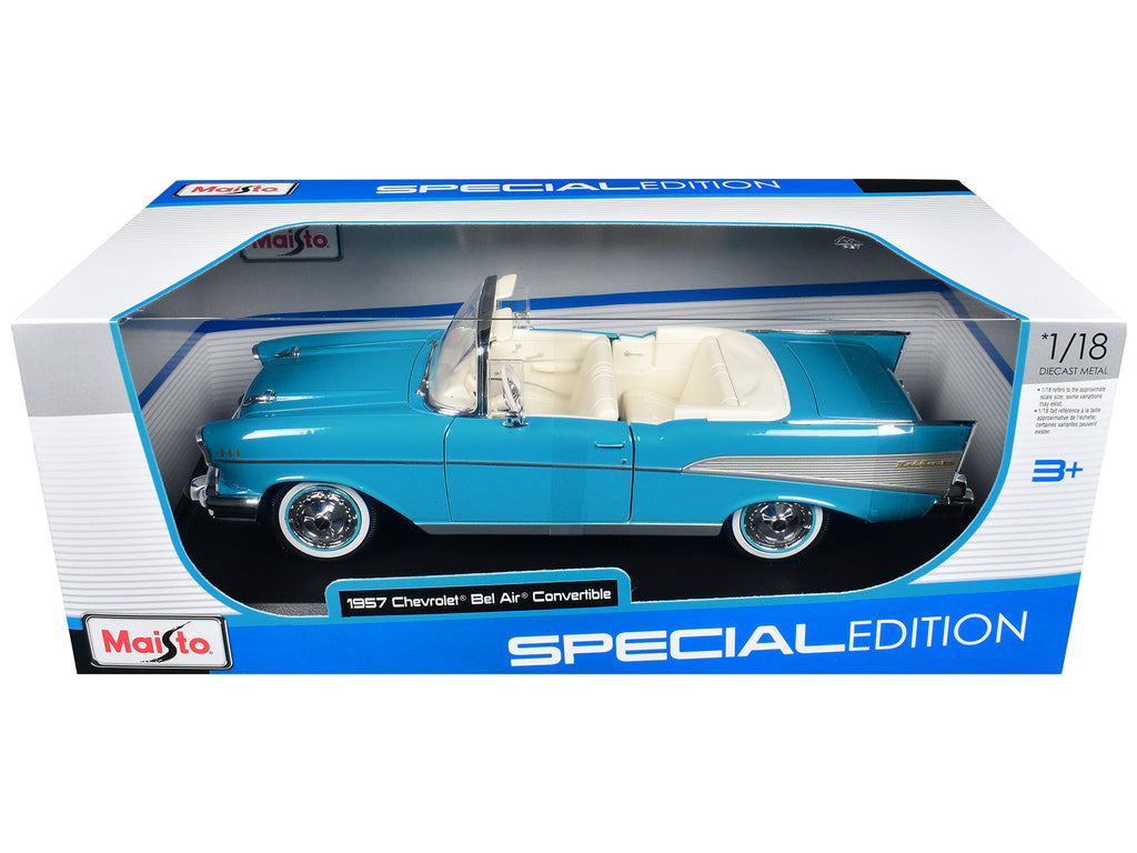 1957 Chevrolet Bel Air Convertible Blue with White Interior 'Special Edition' Series 1/18 Diecast Model Car by Maisto