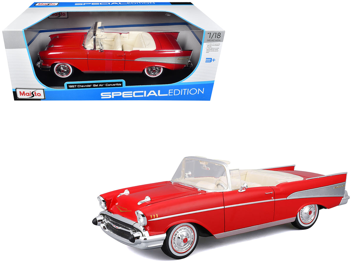 1957 Chevrolet Bel Air Convertible Red with White Interior 'Special Edition' Series 1/18 Diecast Model Car by Maisto