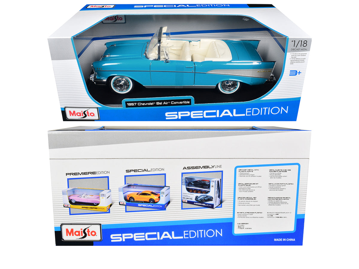 1957 Chevrolet Bel Air Convertible Blue with White Interior 'Special Edition' Series 1/18 Diecast Model Car by Maisto