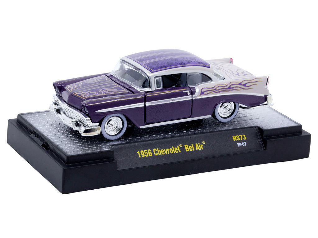 1956 Chevrolet Bel Air 'Low and Slow' Purple Two-Tone with Graphics Limited Edition to 5500 pieces Worldwide 1/64 Diecast Model Car by M2 Machines