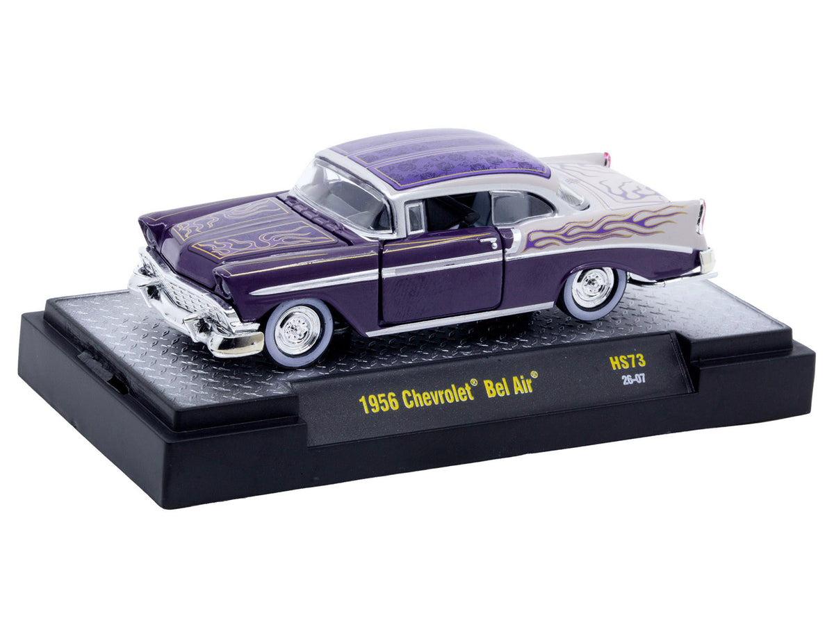 1956 Chevrolet Bel Air 'Low and Slow' Purple Two-Tone with Graphics Limited Edition to 5500 pieces Worldwide 1/64 Diecast Model Car by M2 Machines