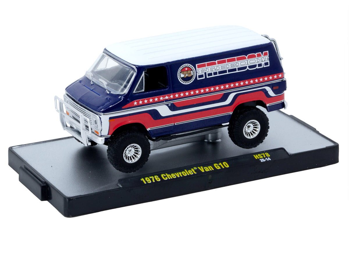 1976 Chevrolet G10 Van 'Freedom '76' Dark Blue with White Top and Red and White Graphics Limited Edition to 7766 pieces 1/64 Diecast Model Car by M2 Machines