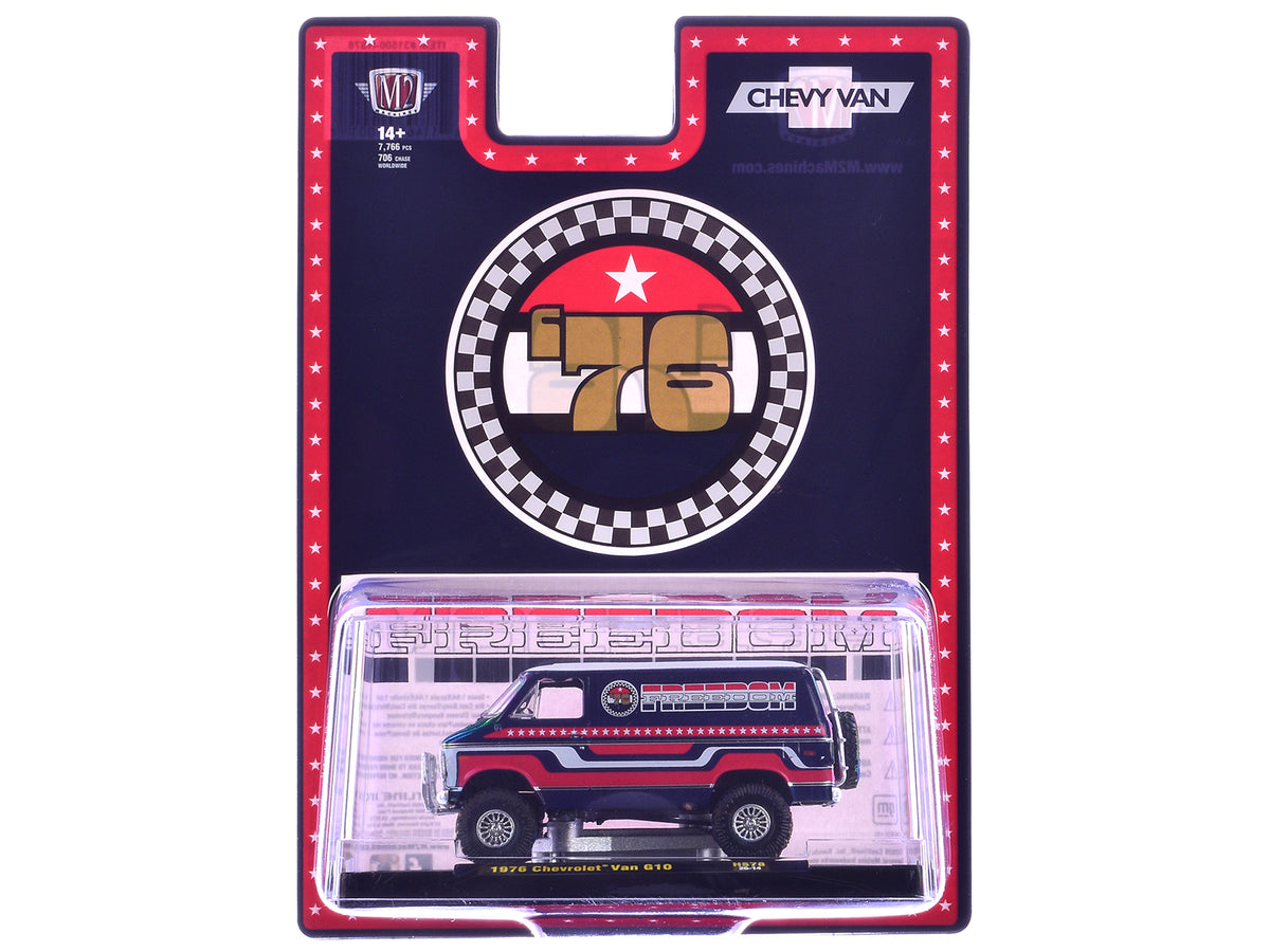 1976 Chevrolet G10 Van 'Freedom '76' Dark Blue with White Top and Red and White Graphics Limited Edition to 7766 pieces 1/64 Diecast Model Car by M2 Machines