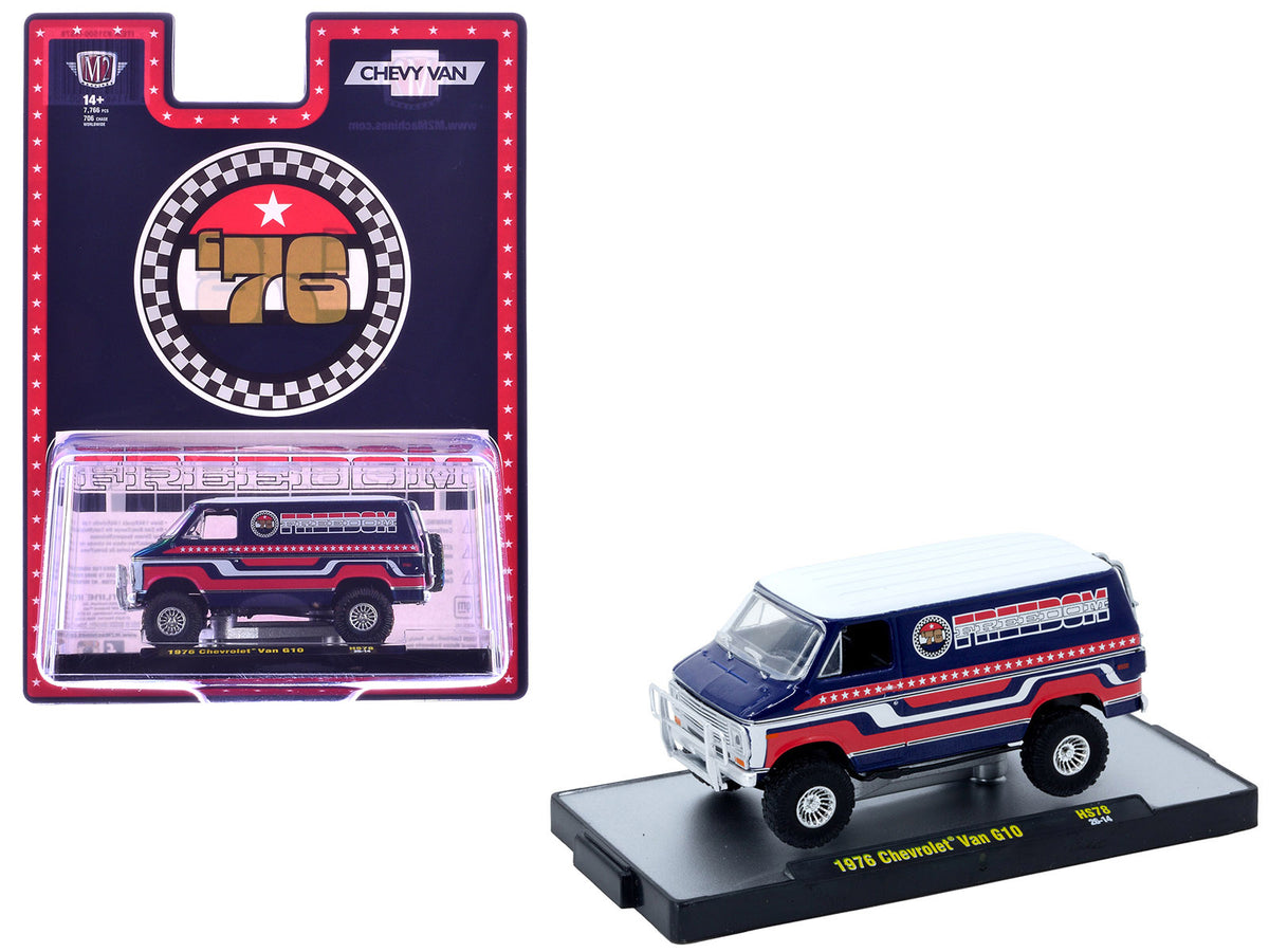 1976 Chevrolet G10 Van 'Freedom '76' Dark Blue with White Top and Red and White Graphics Limited Edition to 7766 pieces 1/64 Diecast Model Car by M2 Machines