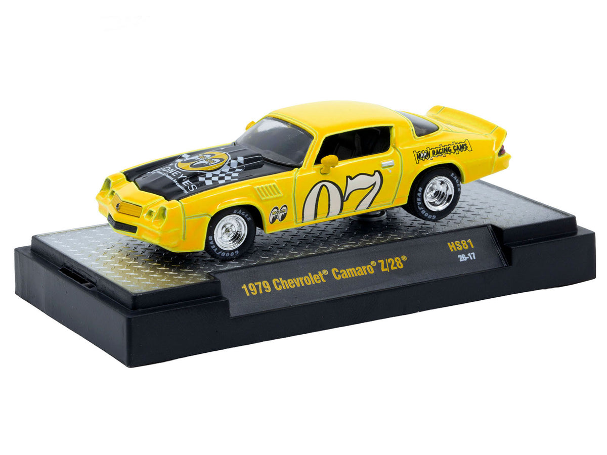 1979 Chevrolet Camaro Z/28 'MoonEyes' Yellow with Black Hood and Graphics Limited Edition to 10428 pieces Worldwide 1/64 Diecast Model Car by M2 Machines