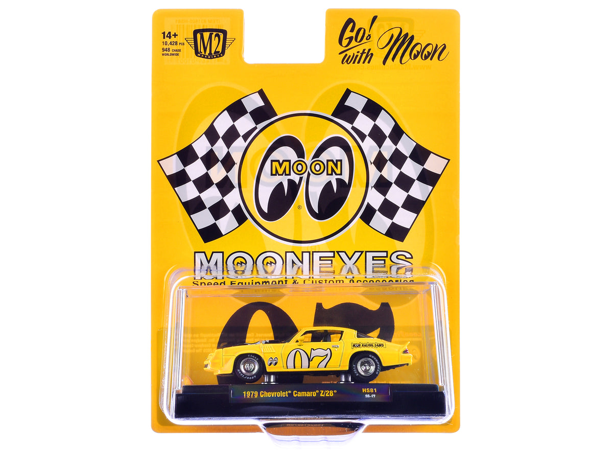 1979 Chevrolet Camaro Z/28 'MoonEyes' Yellow with Black Hood and Graphics Limited Edition to 10428 pieces Worldwide 1/64 Diecast Model Car by M2 Machines