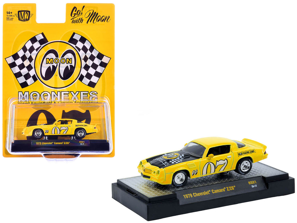 1979 Chevrolet Camaro Z/28 'MoonEyes' Yellow with Black Hood and Graphics Limited Edition to 10428 pieces Worldwide 1/64 Diecast Model Car by M2 Machines