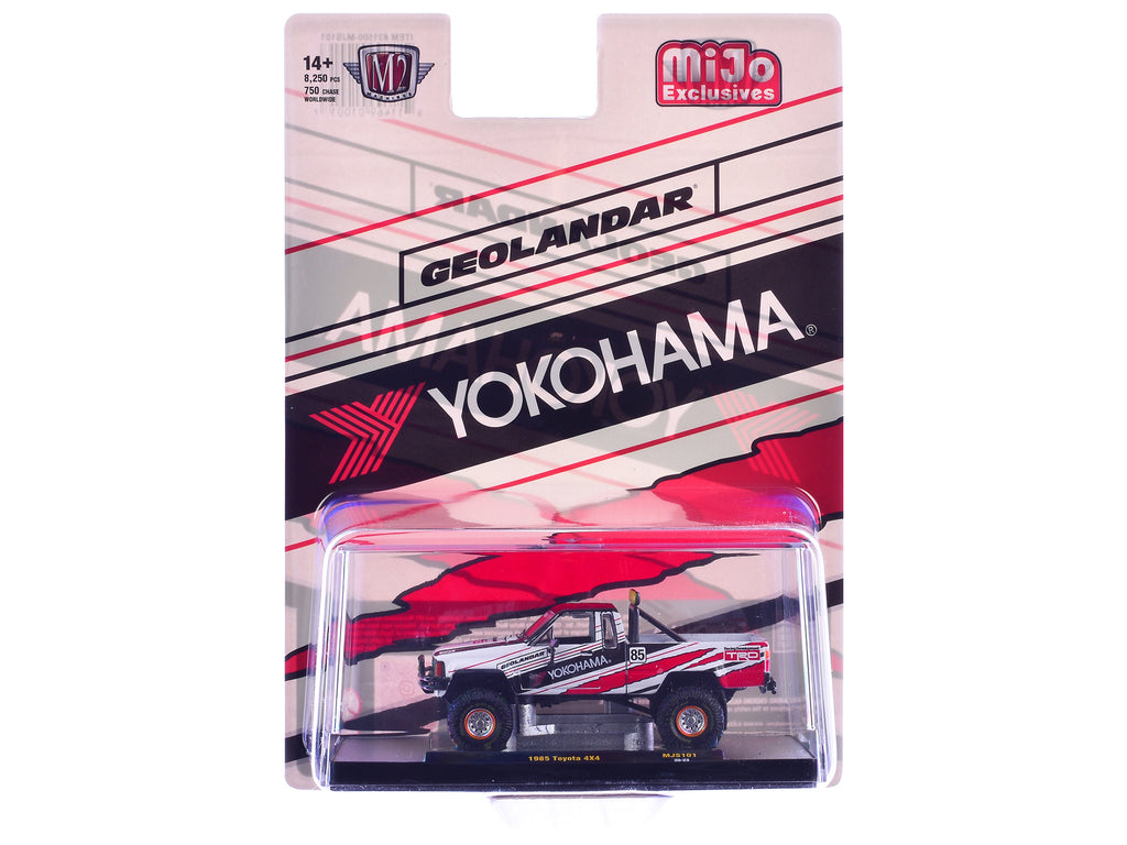1985 Toyota SR5 4×4 Pickup Truck #85 'Yokohama' White with Black Top and Red and Black Graphics Limited Edition to 8250 pieces Worldwide 1/64 Diecast Model Car by M2 Machines