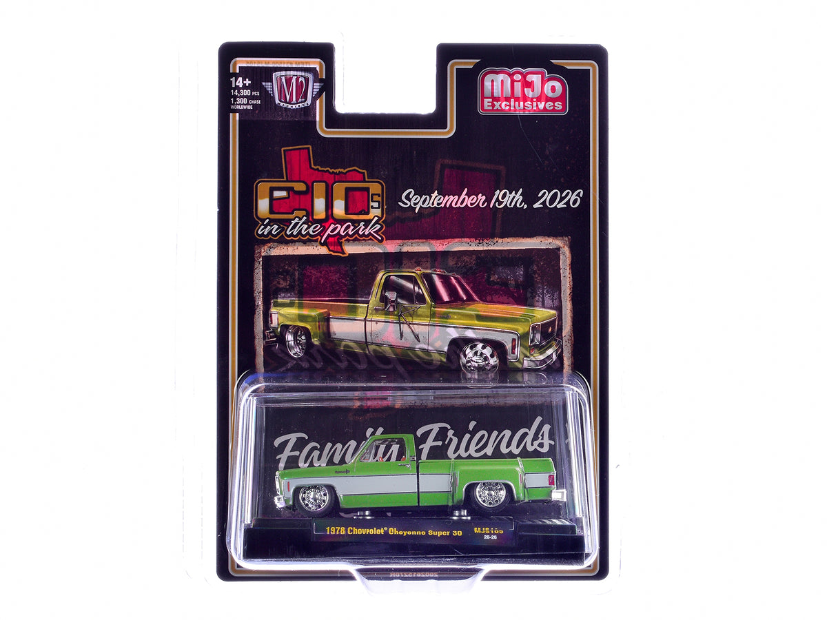 1978 Chevrolet Cheyenne Super 30 Pickup Truck Green Metallic with White Side Stripes 'C10s in the Park' (2026) Limited Edition to 14300 pieces Worldwide 1/64 Diecast Model Car by M2 Machines