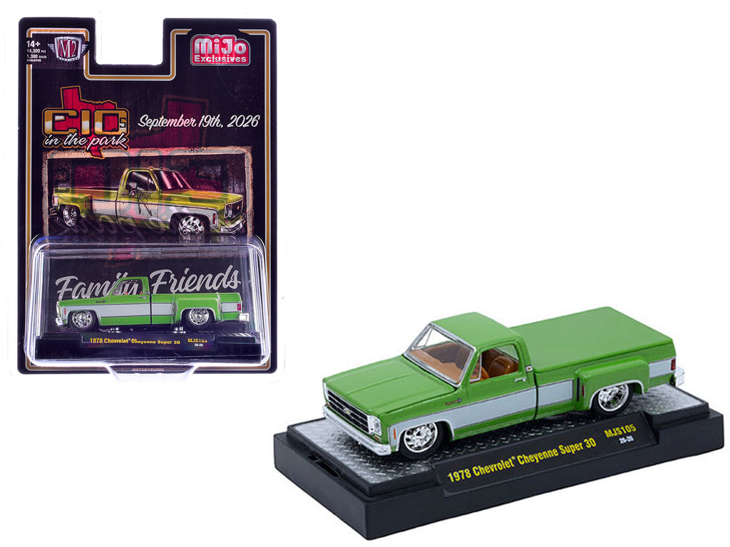 1978 Chevrolet Cheyenne Super 30 Pickup Truck Green Metallic with White Side Stripes 'C10s in the Park' (2026) Limited Edition to 14300 pieces Worldwide 1/64 Diecast Model Car by M2 Machines