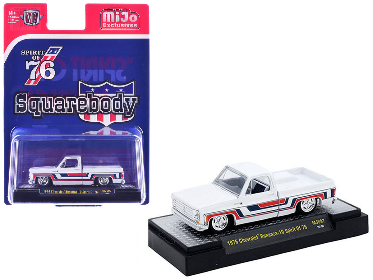 1976 Chevrolet Silverado Bonanza-10 Pickup Truck 'Spirit of '76' White with Blue and Red Graphics Limited Edition to 12100 pieces Worldwide 1/64 Diecast Model Car by M2 Machines
