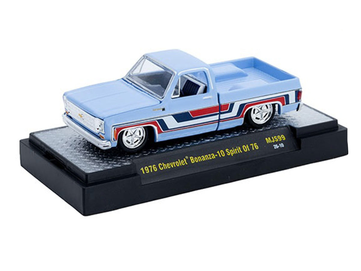 1976 Chevrolet Silverado Bonanza-10 Pickup Truck 'Spirit of '76' Light Blue with Red White and Blue Graphics Limited Edition to 11770 pieces Worldwide 1/64 Diecast Model Car by M2 Machines
