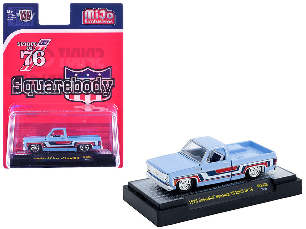 1976 Chevrolet Silverado Bonanza-10 Pickup Truck 'Spirit of '76' Light Blue with Red White and Blue Graphics Limited Edition to 11770 pieces Worldwide 1/64 Diecast Model Car by M2 Machines