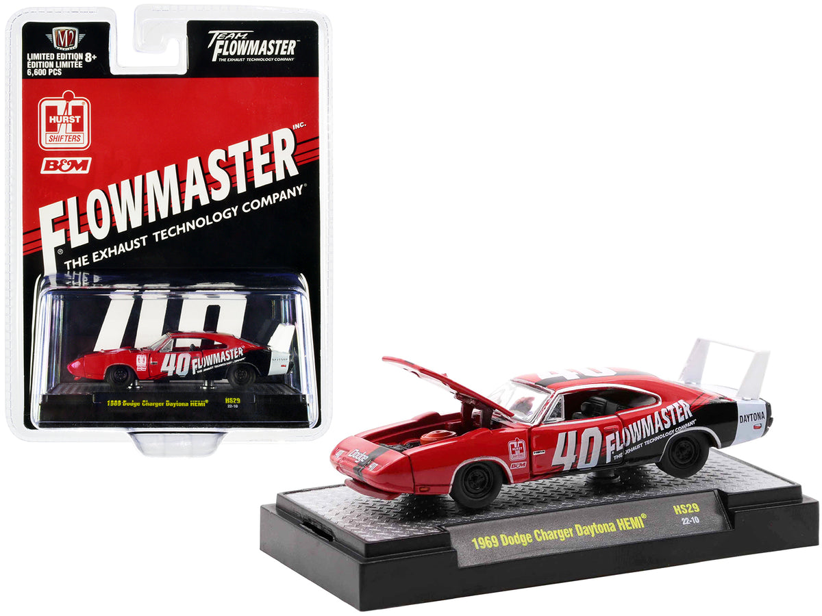 1969 Dodge Charger Daytona HEMI #40 Red with Graphics 'Flowmaster' Limited Edition to 6600 pieces Worldwide 1/64 Diecast Model Car by M2 Machines
