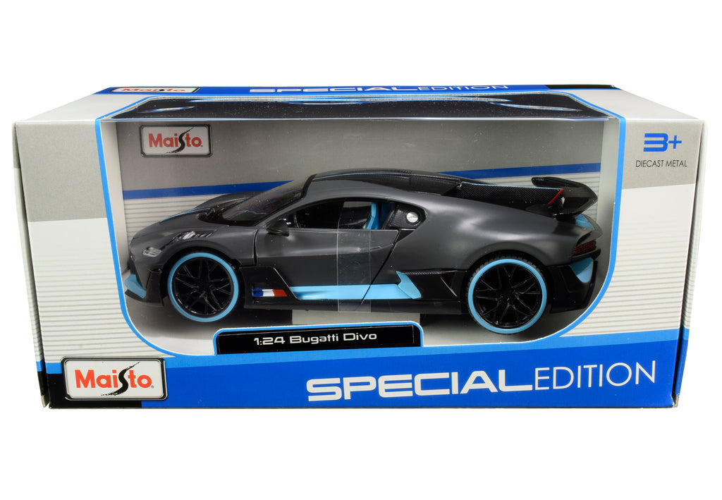 Bugatti Divo Satin Charcoal Gray with Carbon and Blue Accents 'Special Edition' 1/24 Diecast Model Car by Maisto
