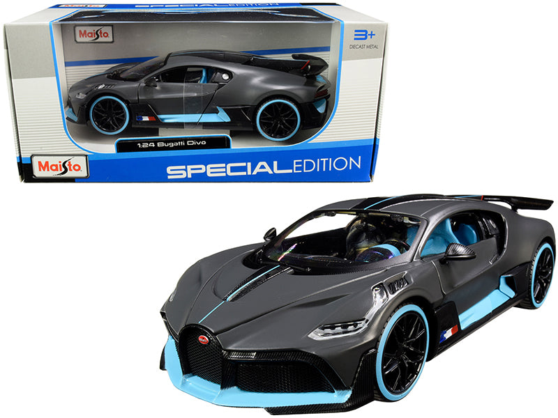 Bugatti Divo Satin Charcoal Gray with Carbon and Blue Accents 'Special Edition' 1/24 Diecast Model Car by Maisto